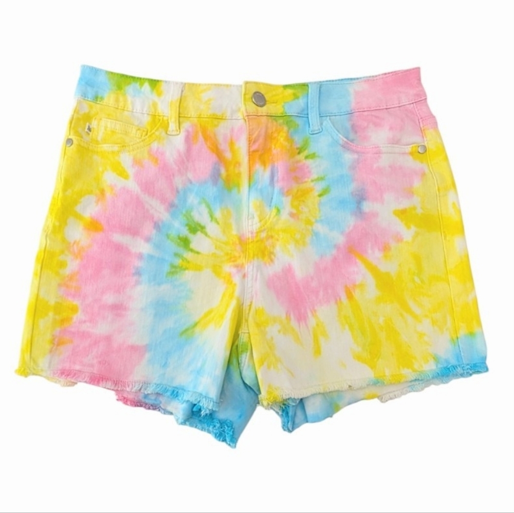 Judy Blue Women Swirl Tie Dye Denim Shorts Size L Pastel Pink Blue Casual Retro